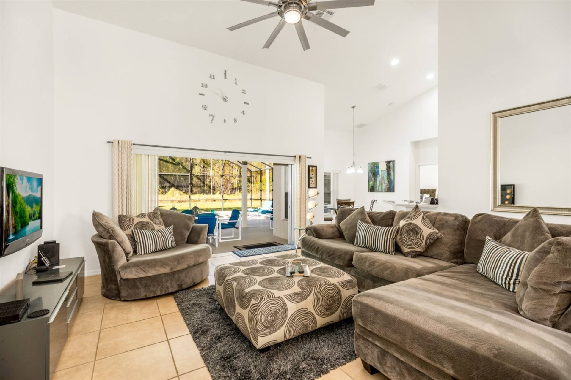 Open-plan living room with cathedral ceilings